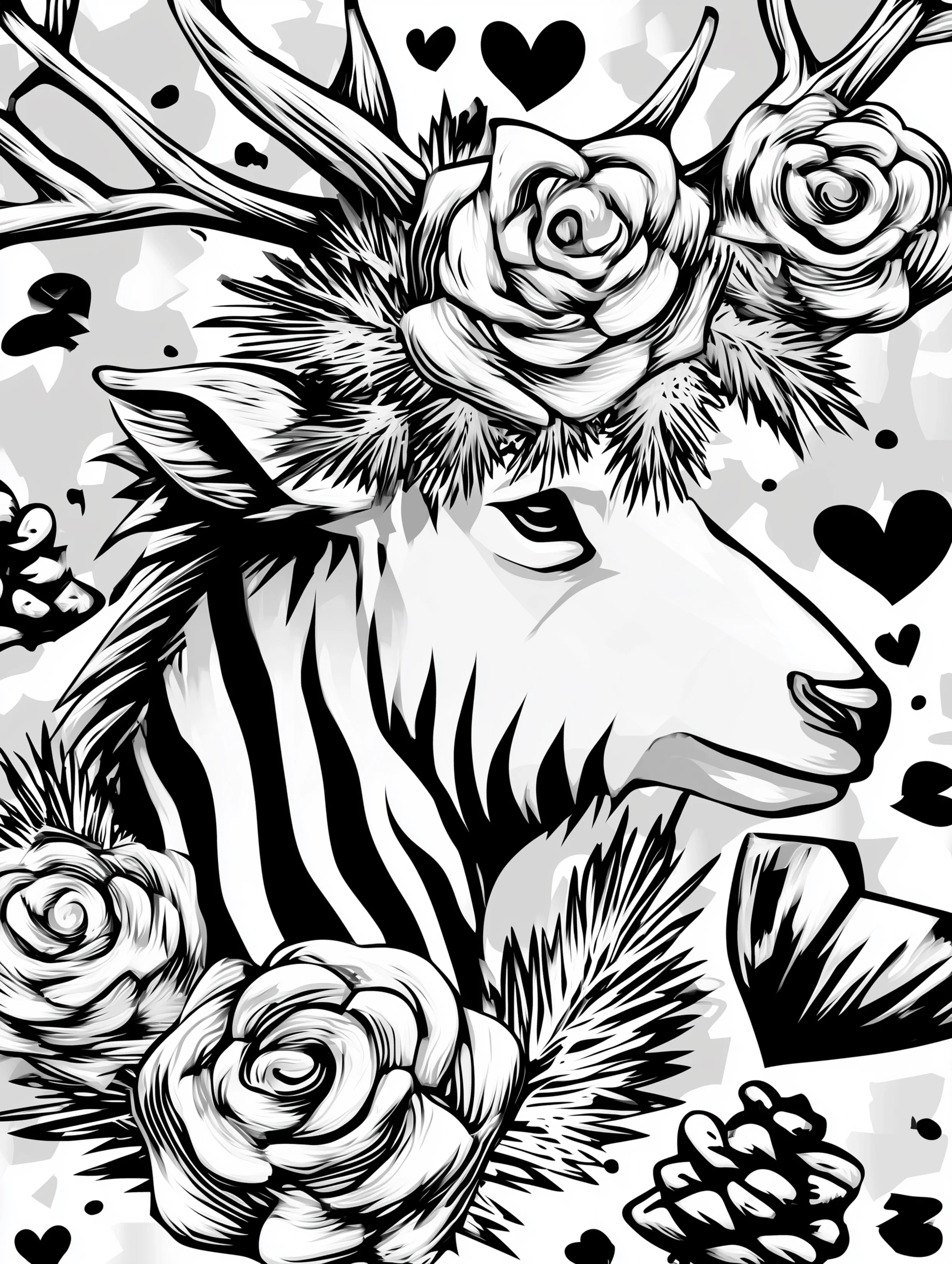 Free printable reindeer coloring page for adults featuring a reindeer with many flowers on its head